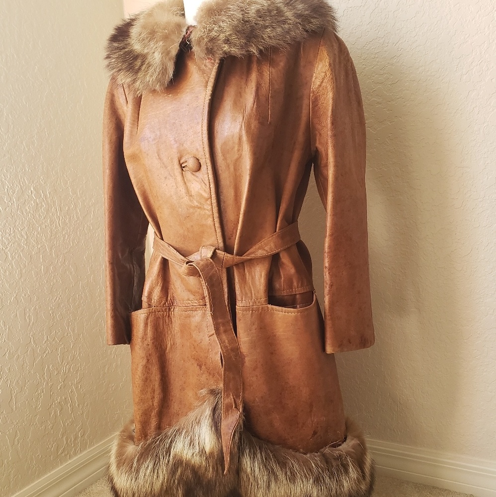 Vintage leather coat with fur